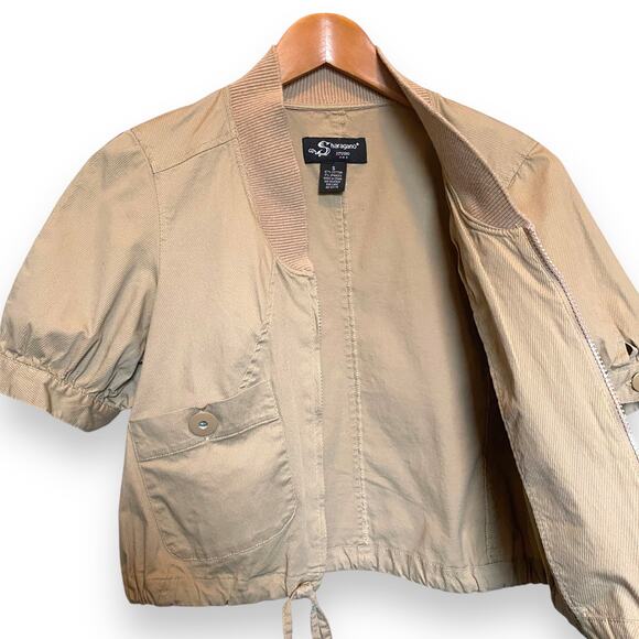 Vntg Y2k Sharagano Studio Cropped Utility Bomber Jacket Sz L Tan Puff Sleeve - Picture 6 of 13